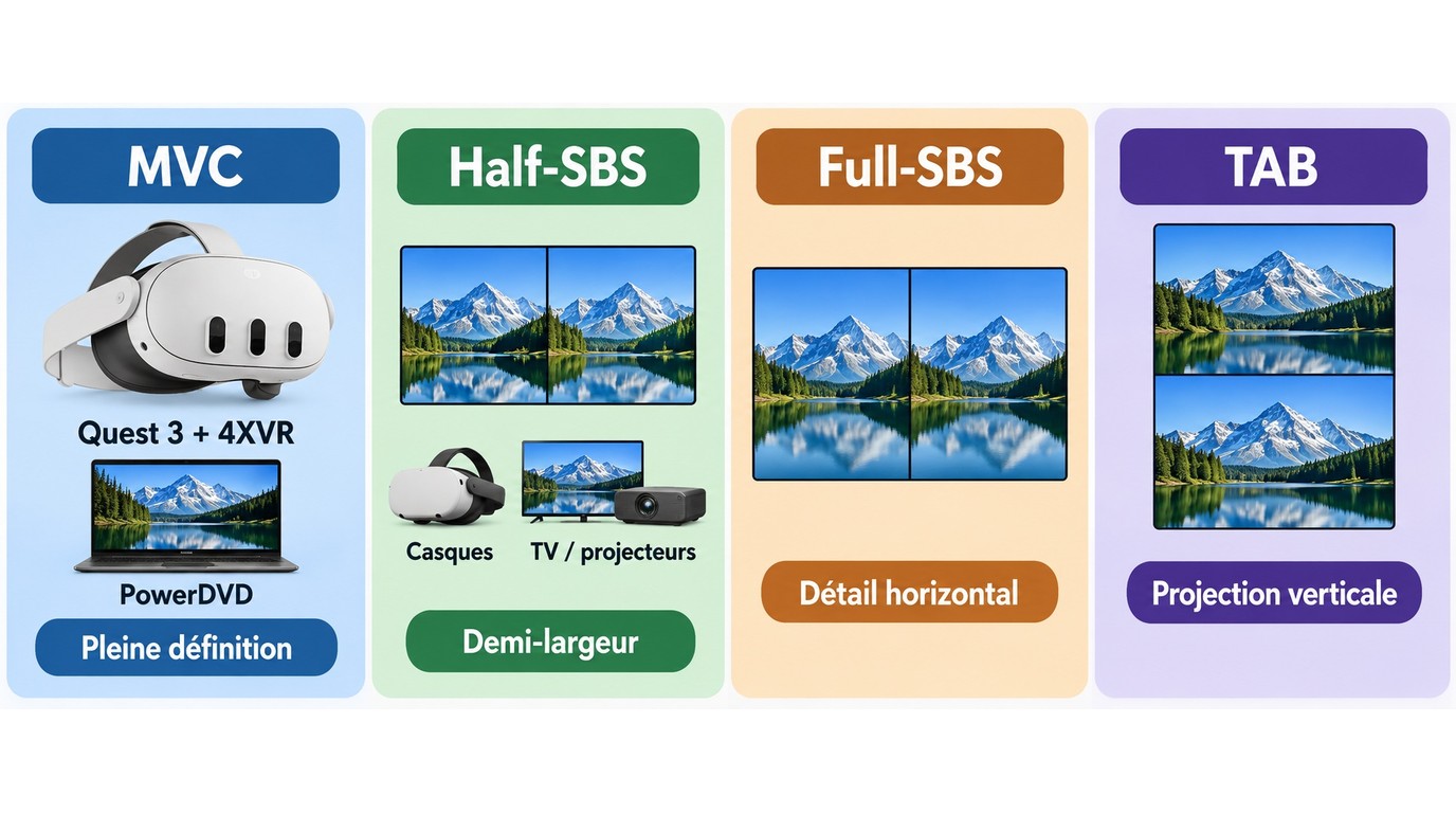Choix entre MVC, Half-SBS, Full-SBS et TAB selon Quest 3, projecteur ou PC