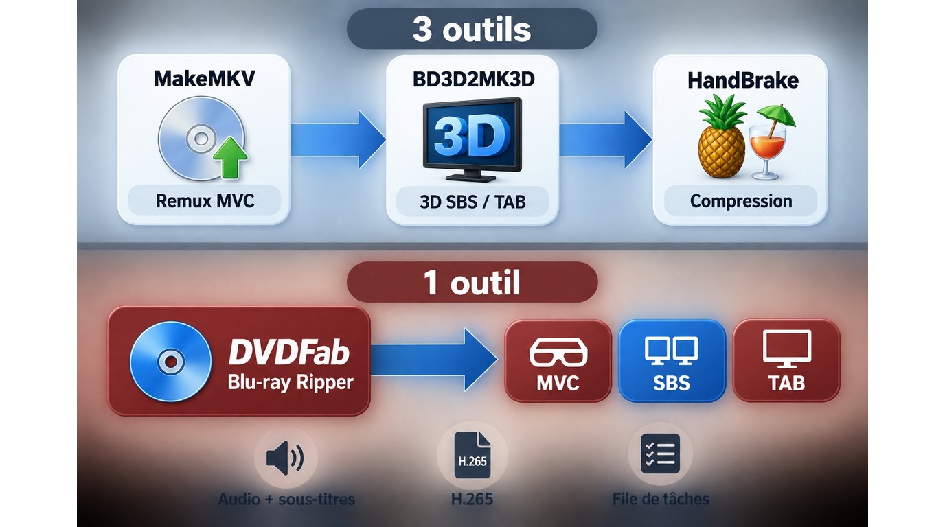Parcours MakeMKV, BD3D2MK3D et HandBrake comparé au flux DVDFab