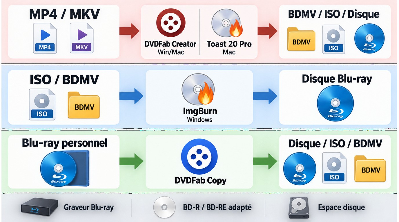 Choix du flux Blu-ray selon la source, avec DVDFab, ImgBurn et Toast 20 Pro.