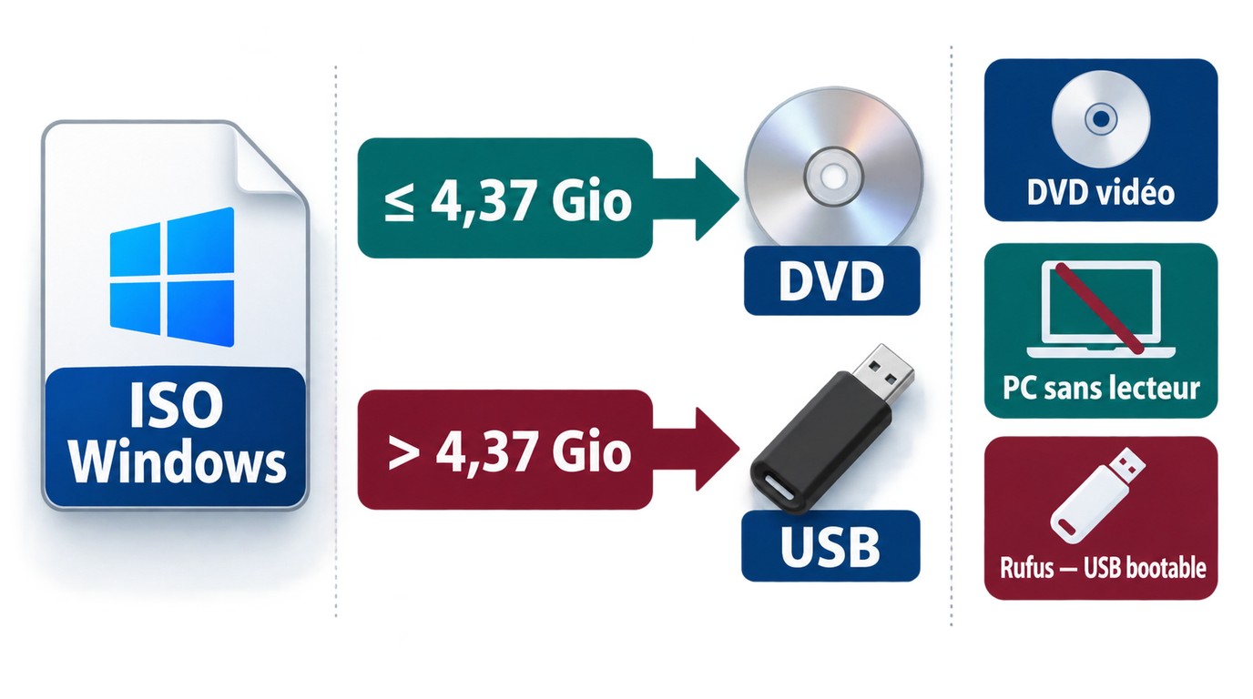 Choix entre DVD et clé USB selon la taille de l'ISO Windows et l'usage avec Rufus.