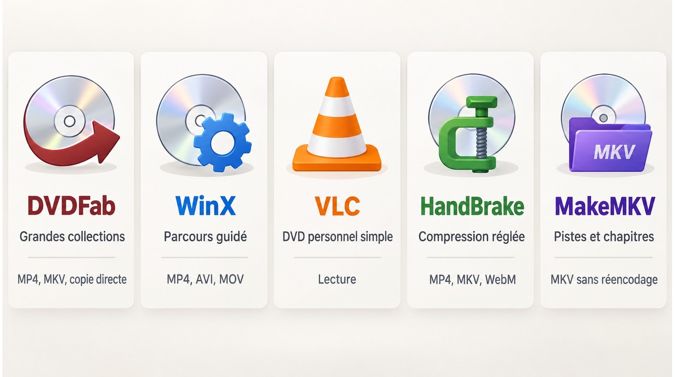 Comparaison de DVDFab, WinX, VLC, HandBrake et MakeMKV par usage et format