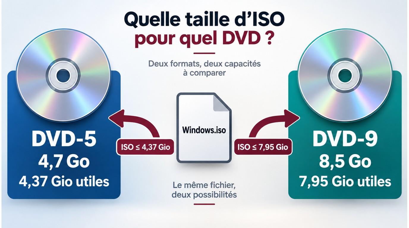 Capacité réelle des DVD-5 et DVD-9 comparée à la taille d'un ISO Windows.
