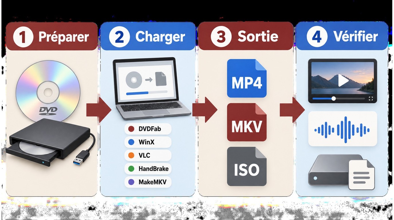 Flux en quatre étapes pour numériser un DVD avec choix MP4, MKV ou ISO