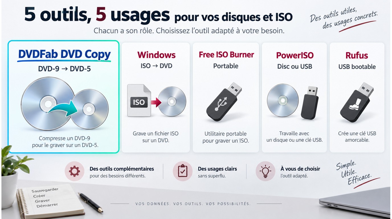 Comparaison de Windows, DVDFab, Free ISO Burner, PowerISO et Rufus selon l'usage.