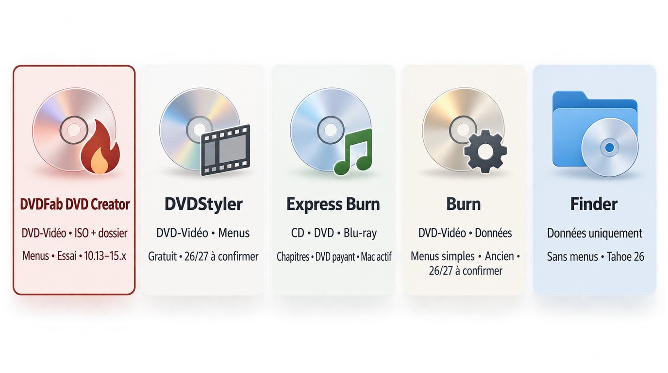Comparaison de DVDFab, DVDStyler, Express Burn, Burn et Finder pour graver un DVD sur Mac
