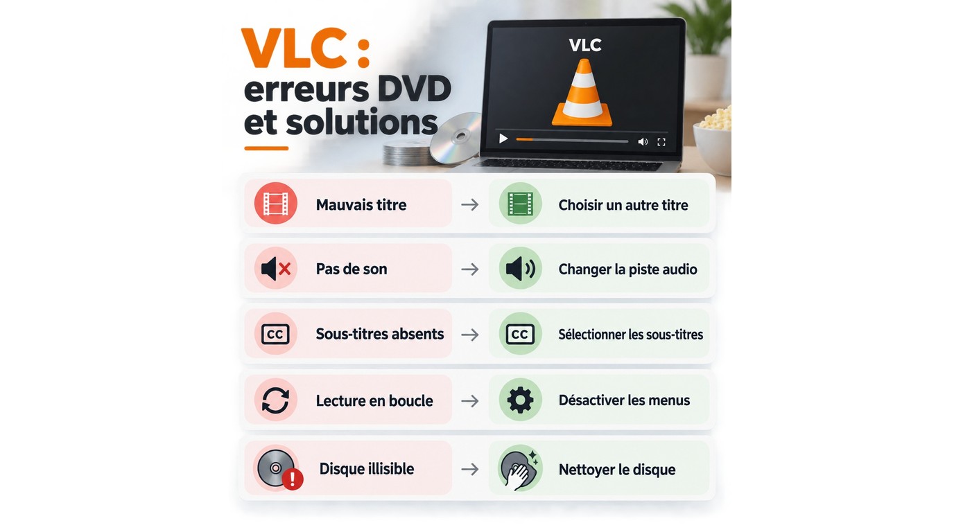 Diagnostic des erreurs VLC liées au titre, au son, aux sous-titres et au disque.