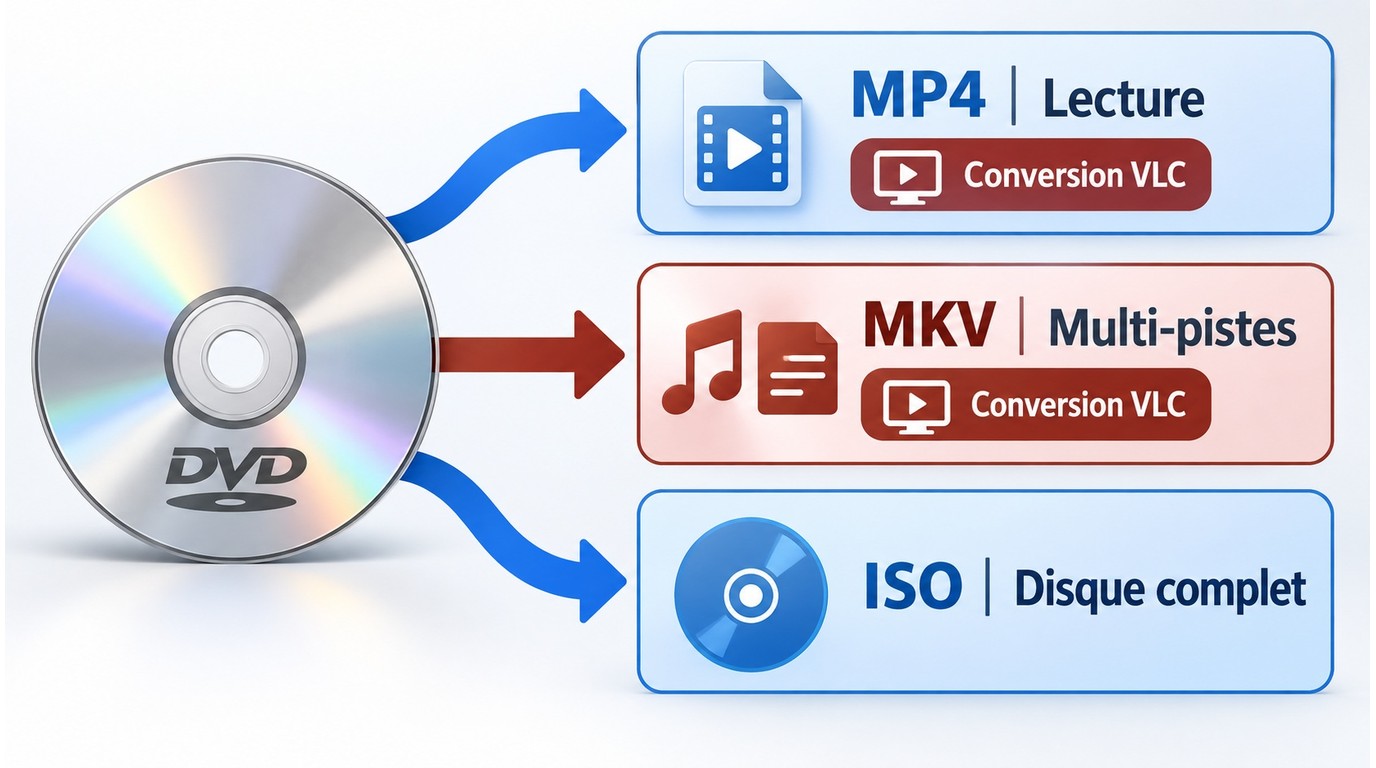 Choix entre MP4, MKV et ISO selon la lecture, les pistes et la structure du DVD.