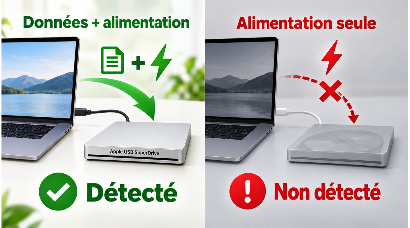 Connexion d'un graveur DVD au Mac avec transfert de données et alimentation stable