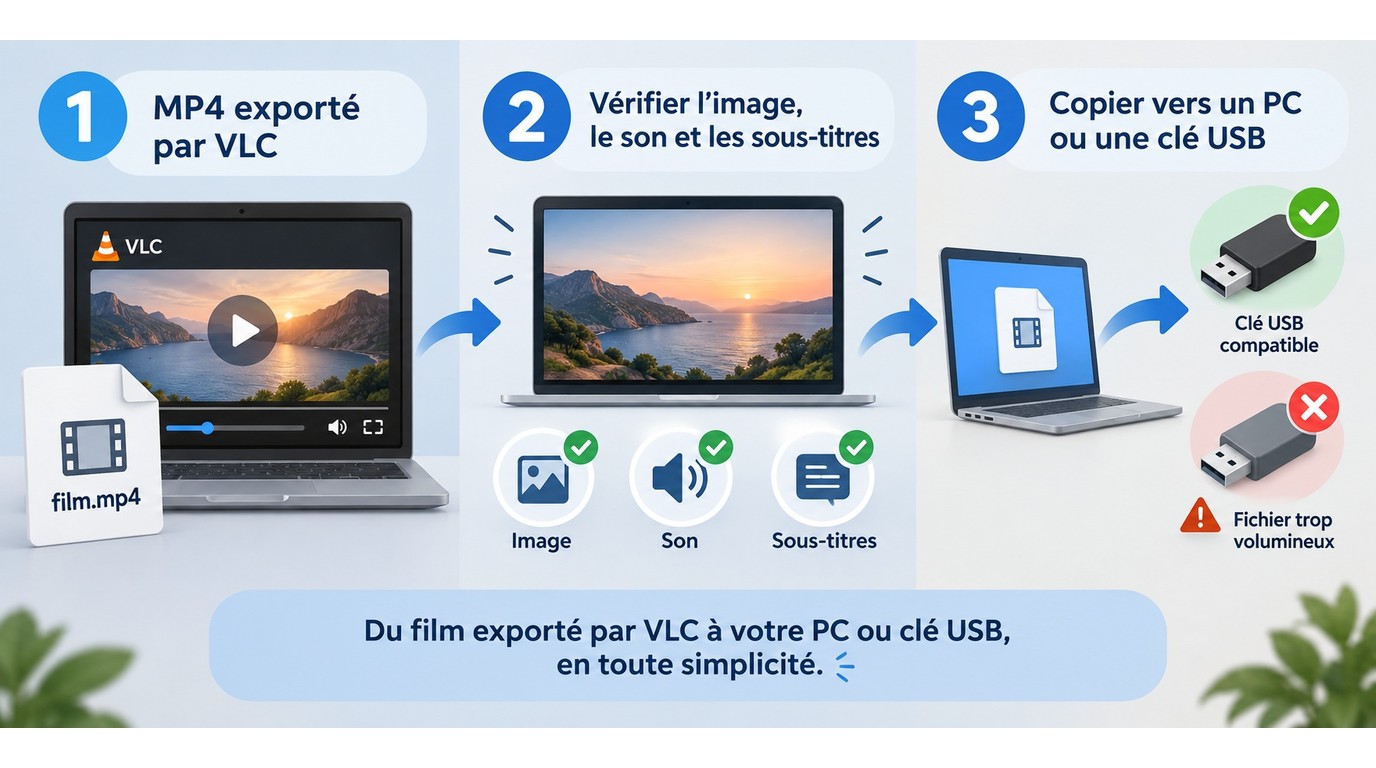 Transfert d'un MP4 créé avec VLC vers un PC ou une clé USB après vérification.