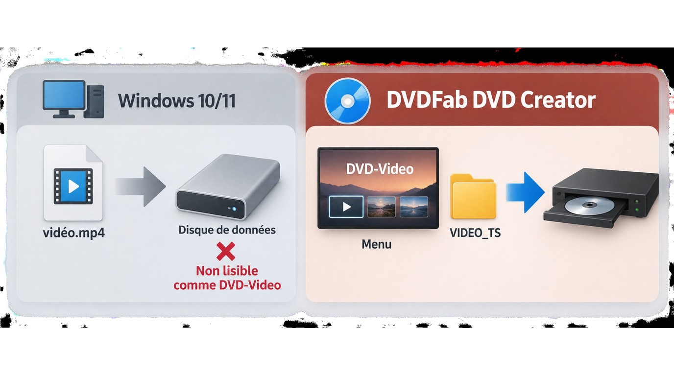 Différence entre disque de données MP4 et DVD-Video avec menu et dossier VIDEO_TS