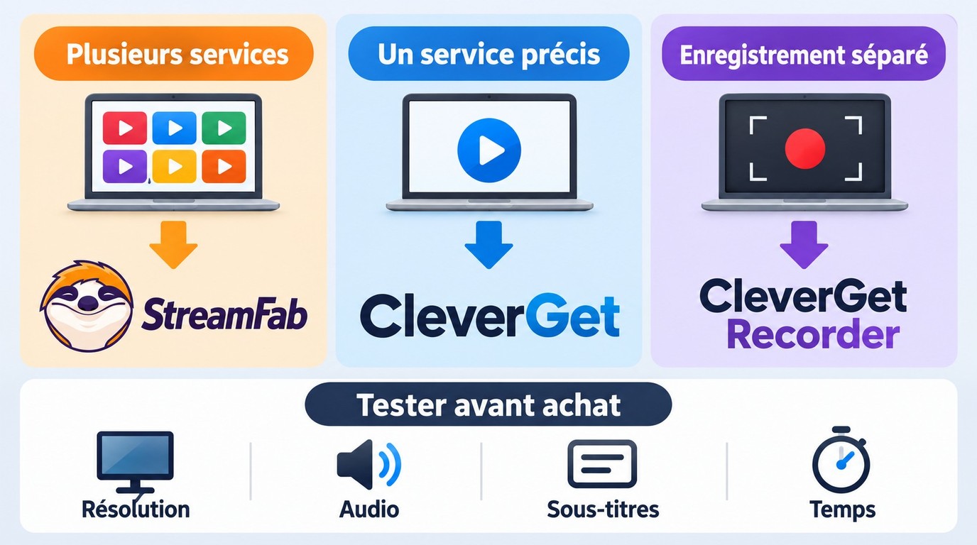 Choix entre StreamFab, CleverGet et CleverGet Recorder selon le profil d'usage