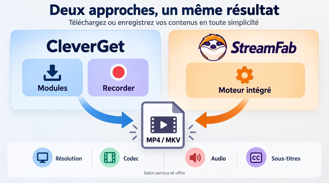CleverGet et StreamFab comparés par méthode et caractéristiques du fichier obtenu