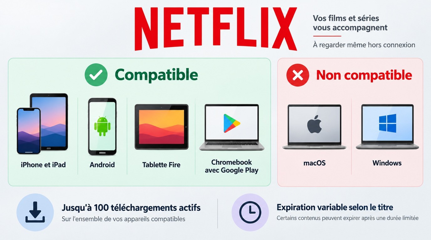 Appareils compatibles avec le hors connexion Netflix, contrairement à macOS et Windows