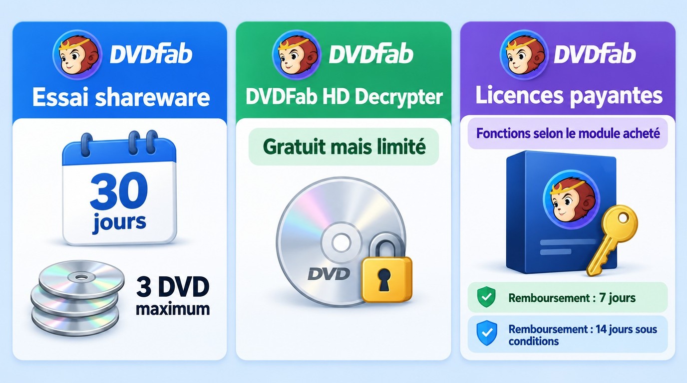 Essai de 30 jours, HD Decrypter limité et licences DVDFab payantes