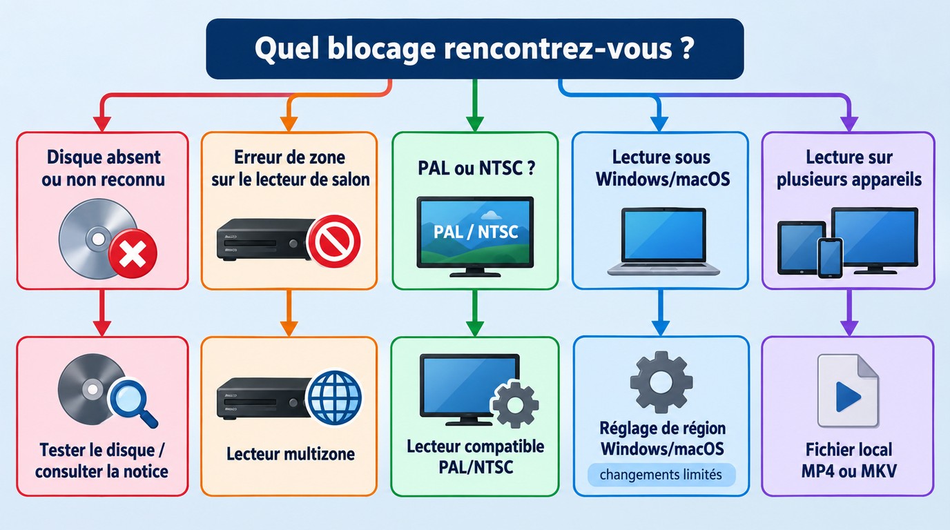 Diagnostic d'un DVD bloqué selon la région, PAL ou NTSC, Windows, macOS et le format local