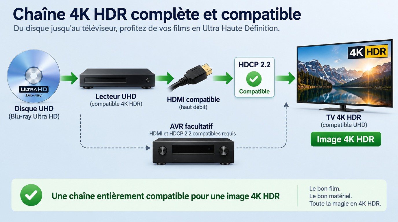 Chaîne compatible pour lire un Blu-ray Ultra HD sur une TV 4K HDR avec HDMI et HDCP 2.2