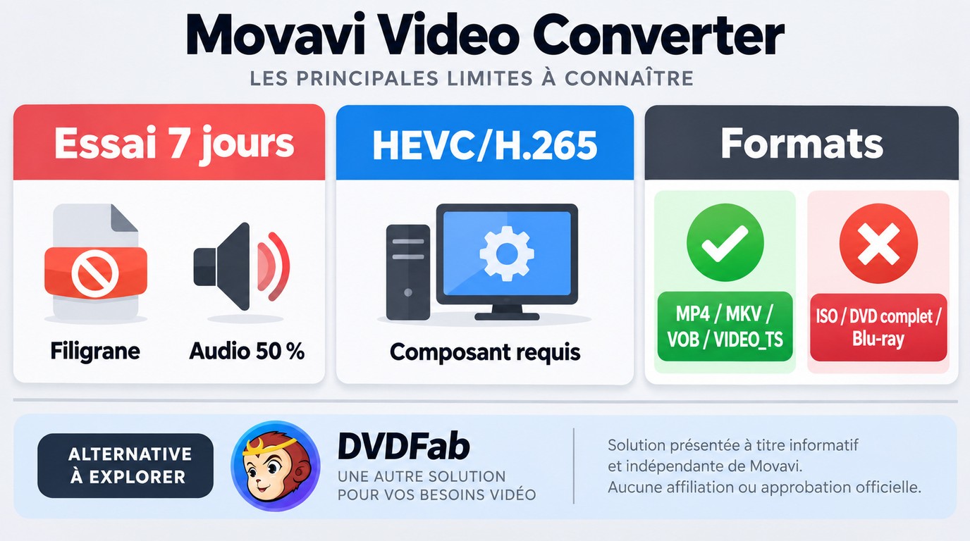 Limites de Movavi: essai avec filigrane, HEVC séparé et ISO ou Blu-ray non pris en charge