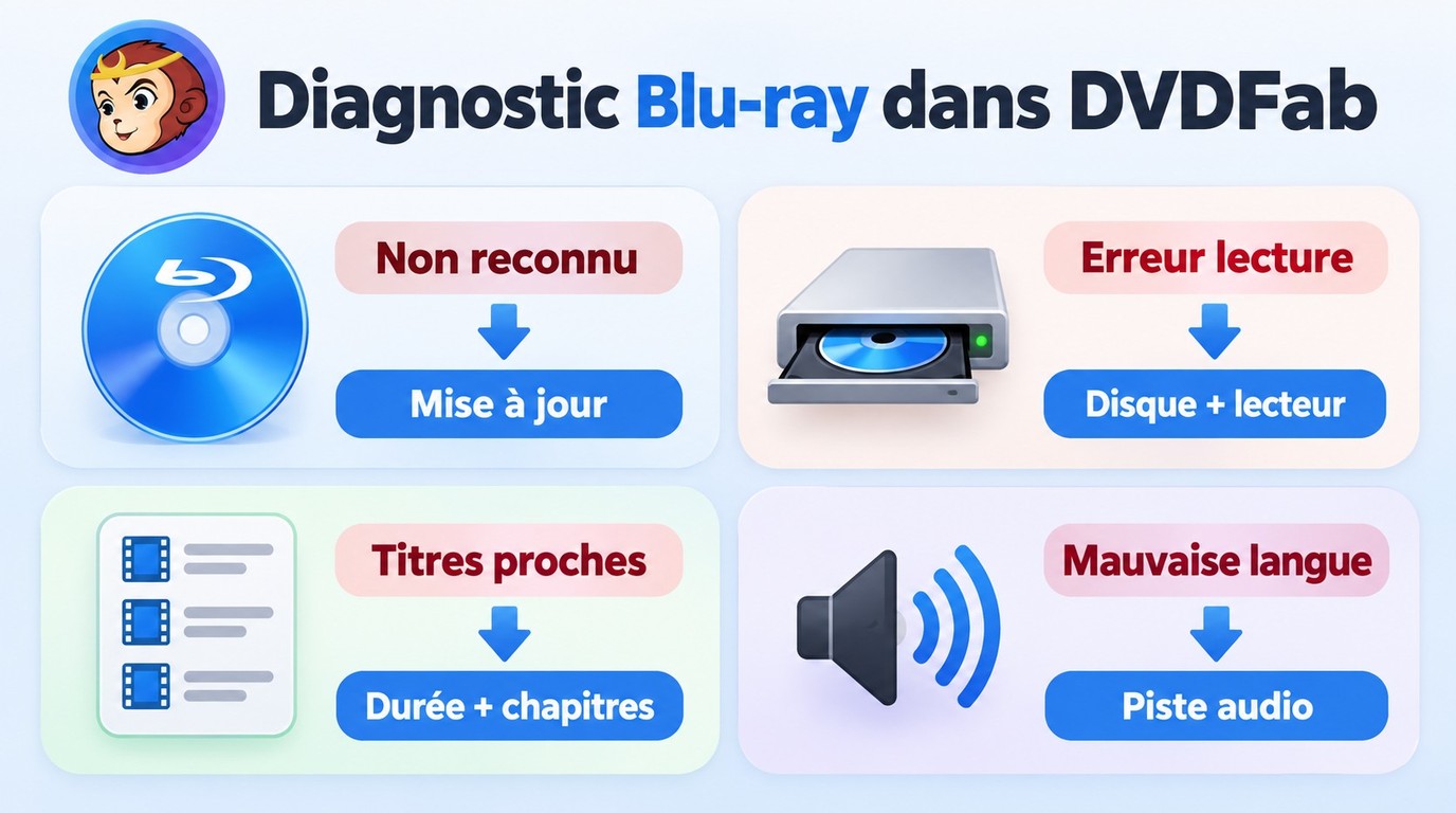 Diagnostic des échecs Blu-ray selon la détection, la lecture, le titre et la piste audio