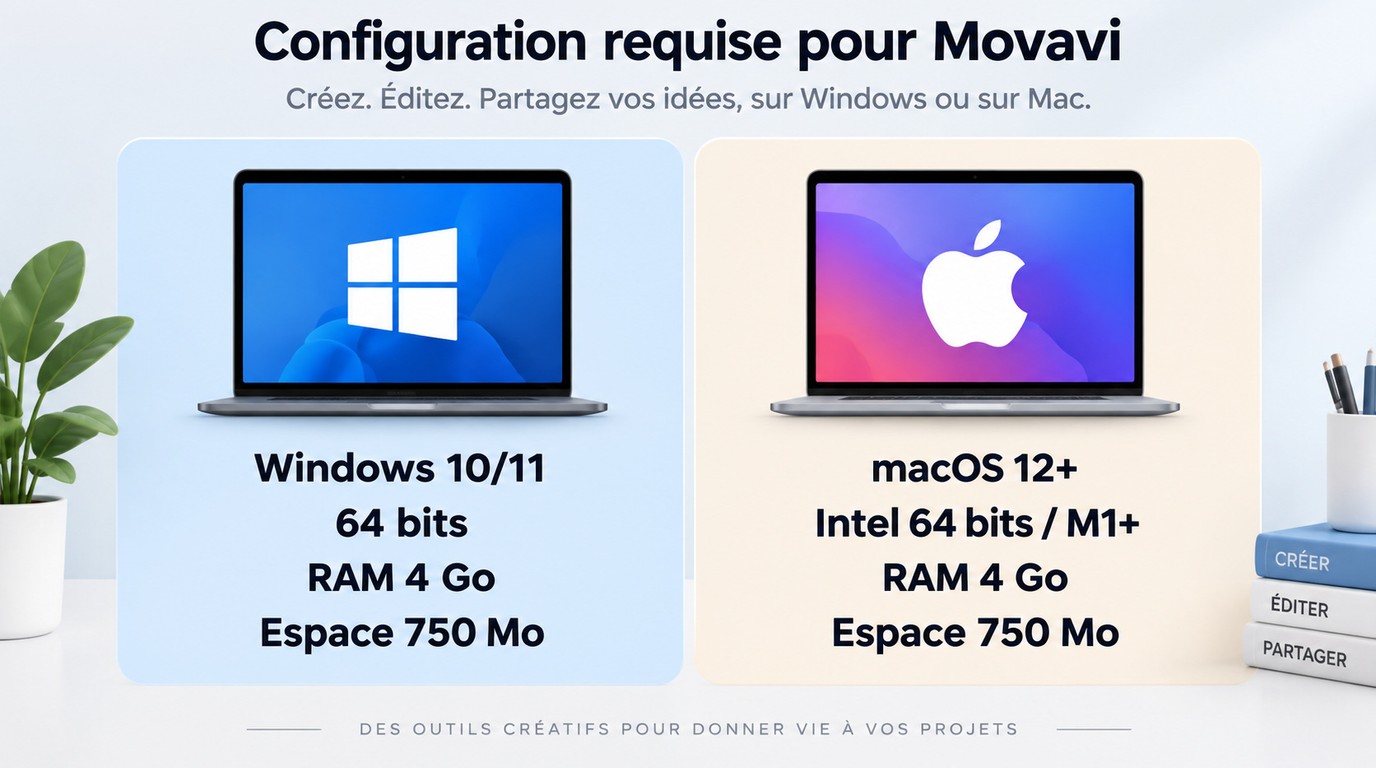 Compatibilité Movavi: Windows 10 ou 11 et macOS 12+, uniquement en 64 bits