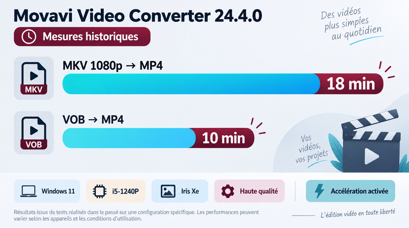 Temps historiques de Movavi: 18 min pour MKV 1080p et 10 min pour VOB vers MP4 H.264
