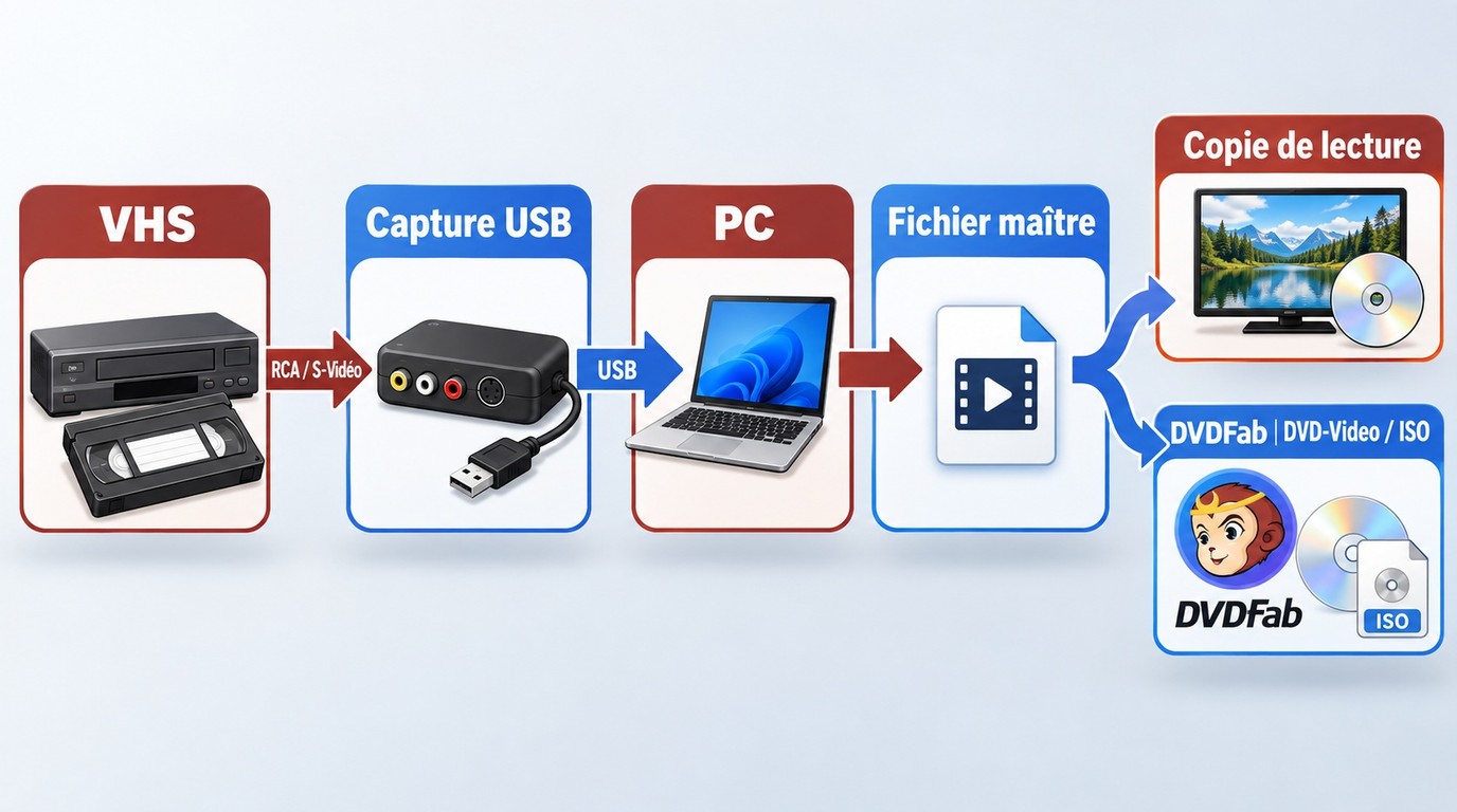 Parcours VHS vers fichier maître, puis DVD-Video ou ISO avec une capture USB.