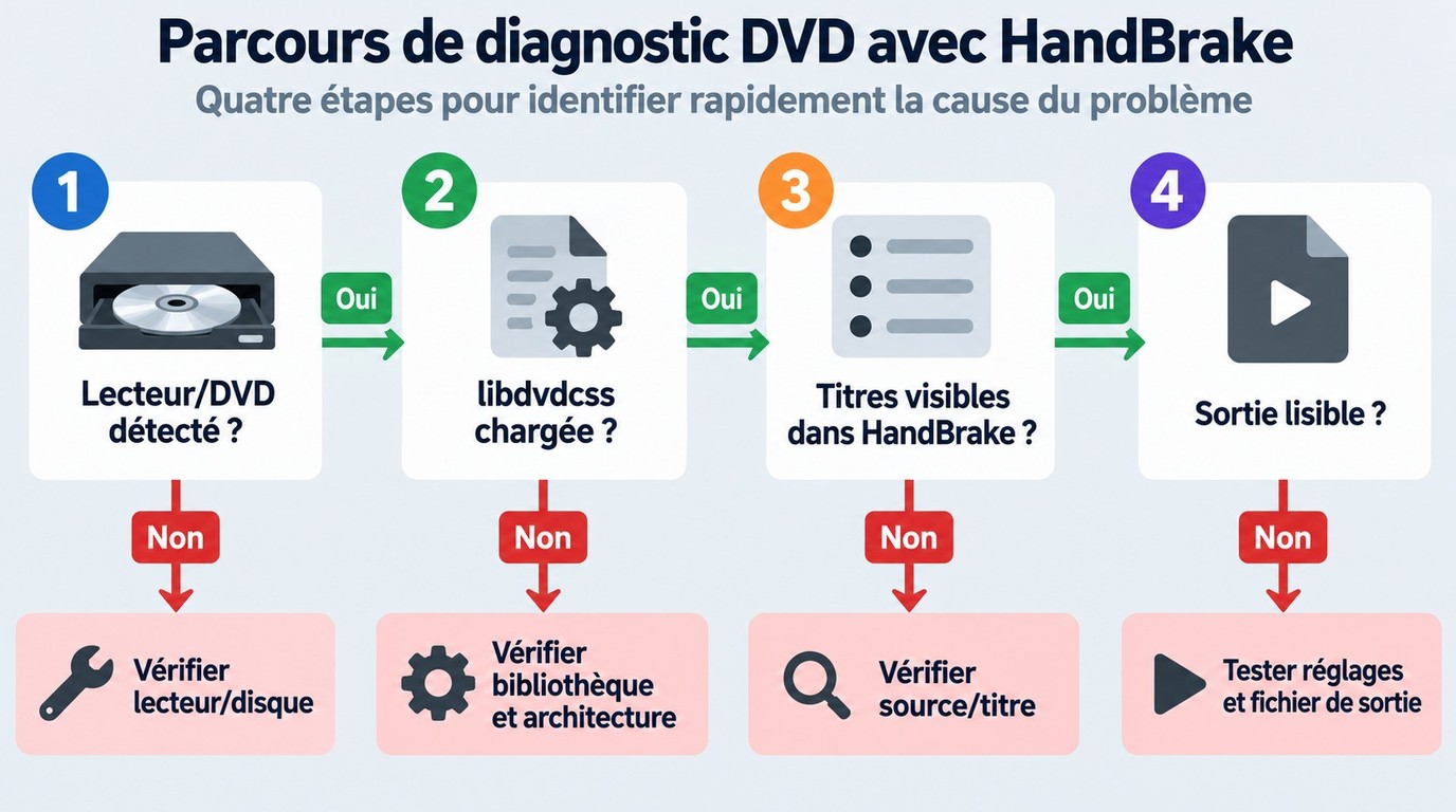 Parcours de diagnostic HandBrake pour isoler la bibliothèque, le lecteur ou la sortie