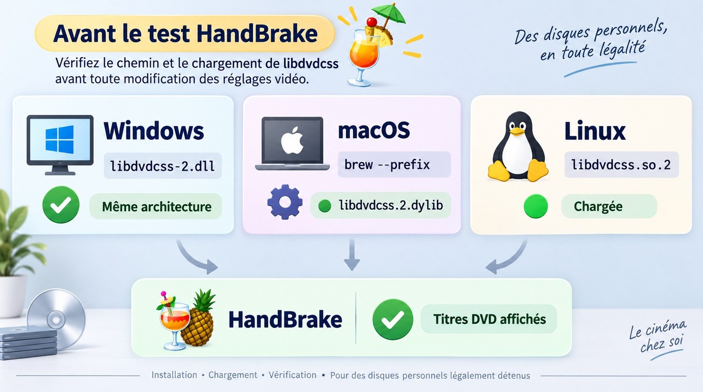 Contrôles de libdvdcss sous Windows, macOS et Linux avant le test dans HandBrake