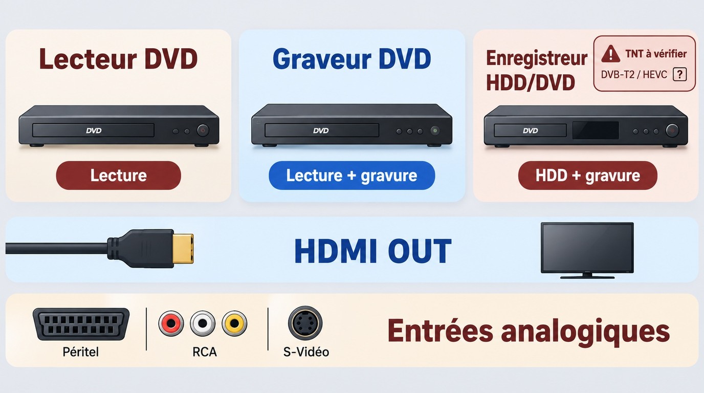 Différences entre lecteur, graveur et enregistreur DVD, avec limites HDMI et TNT.