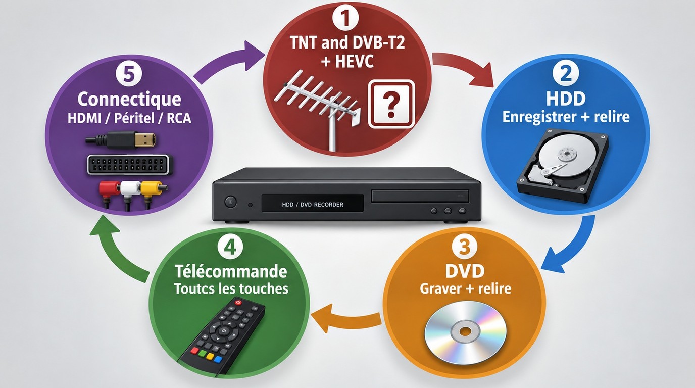 Contrôles avant achat: tuner TNT, disque dur, gravure DVD, télécommande et connectique.