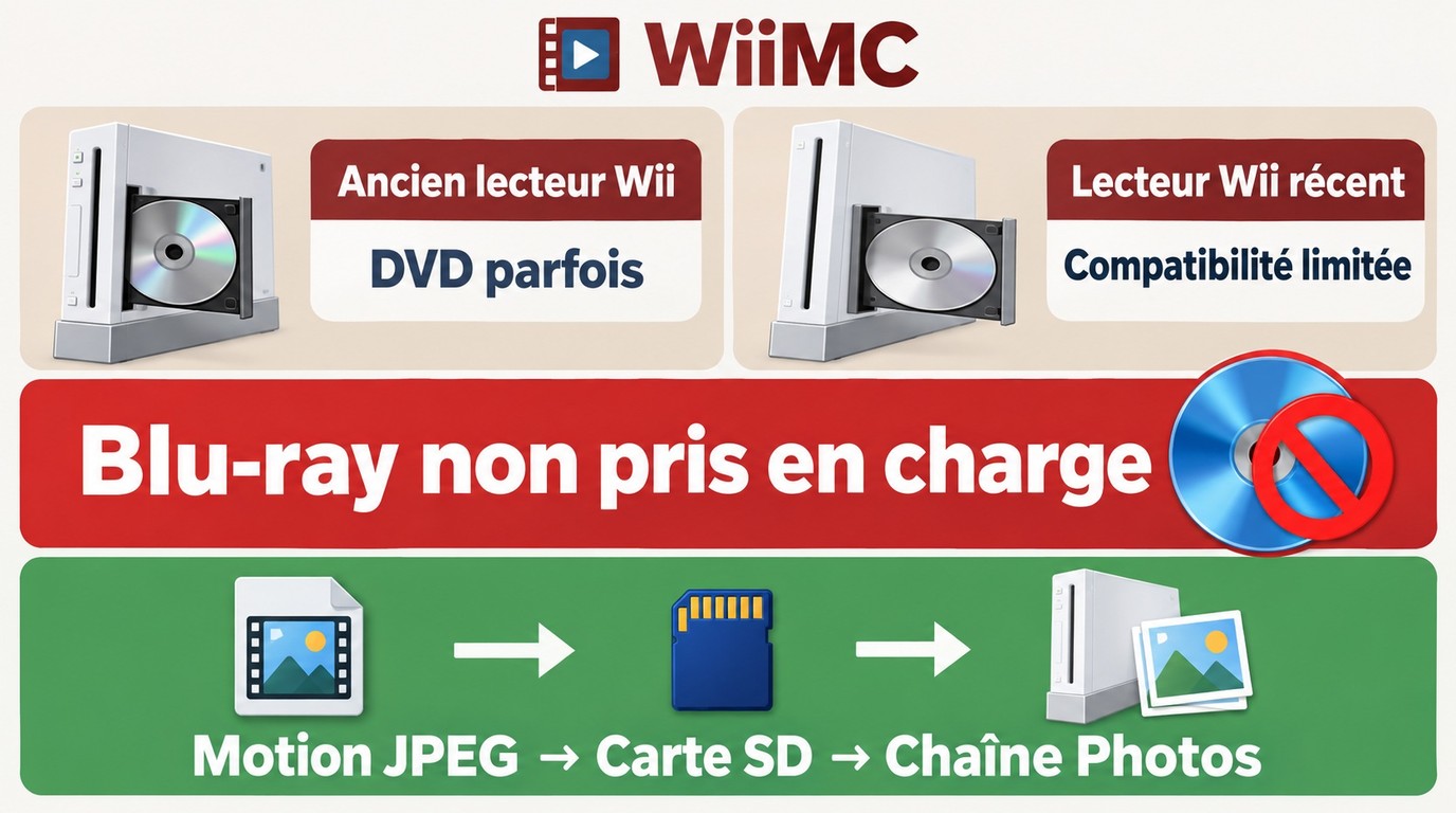 WiiMC varie selon le lecteur Wii, mais le Blu-ray reste non pris en charge