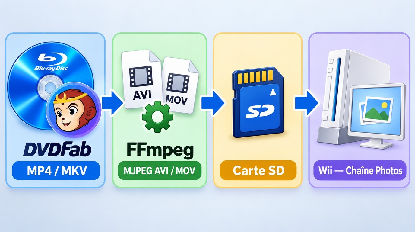 Conversion DVDFab et FFmpeg vers Motion JPEG, puis lecture sur Wii depuis une carte SD