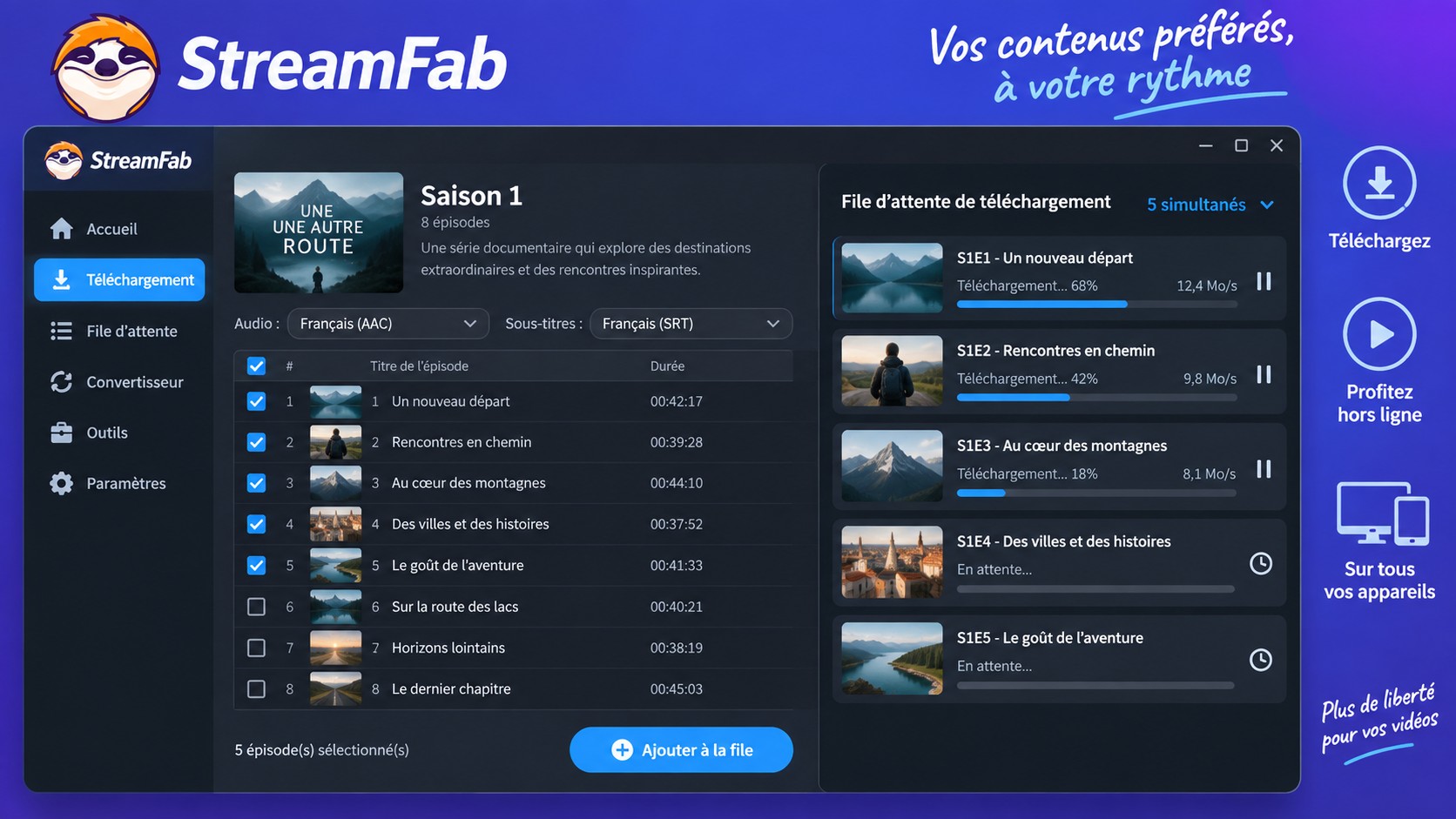 File StreamFab d'une saison avec épisodes, langues et cinq téléchargements simultanés