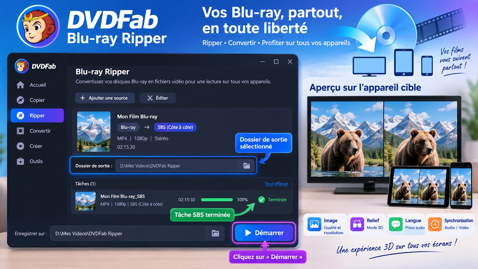 Lancement dans DVDFab puis contrôle du fichier SBS sur l’appareil cible.