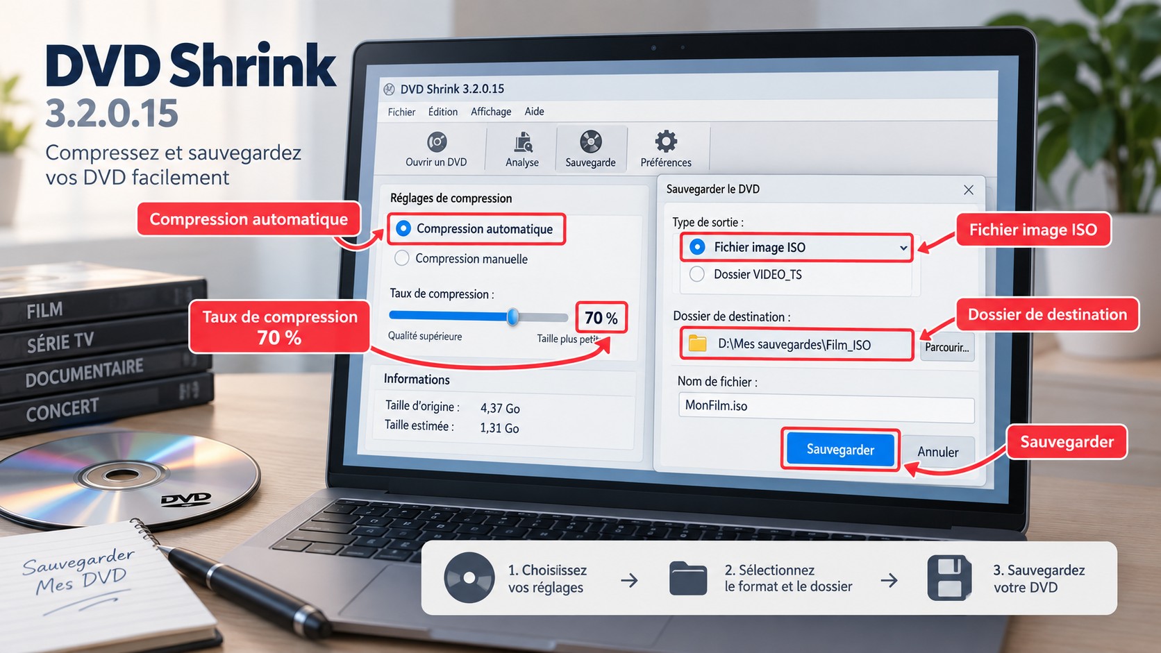 Réglage de la compression et sauvegarde ISO dans DVD Shrink 3.2.0.15