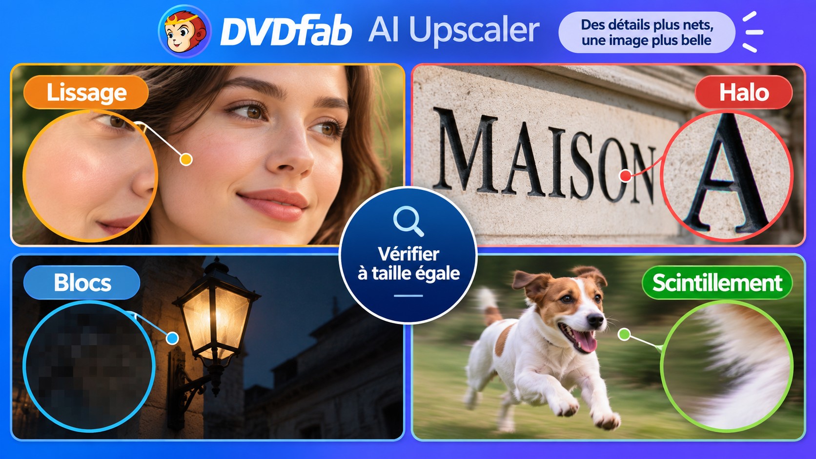 Défauts à vérifier après un export DVDFab AI Upscaler: halos, blocs et scintillements