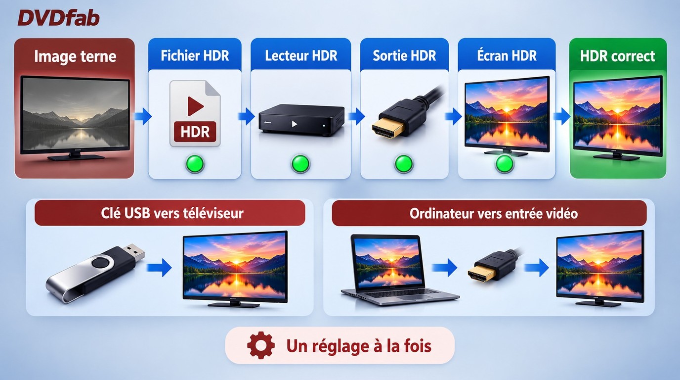 Contrôles du fichier, du lecteur, de la sortie vidéo et de l'écran en cas d'image terne.