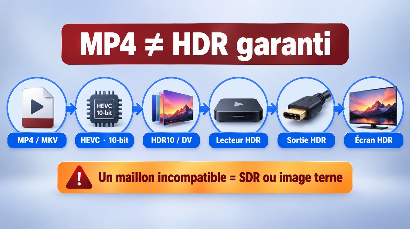 Compatibilité HDR du fichier MP4 ou MKV jusqu'au lecteur et à l'écran.