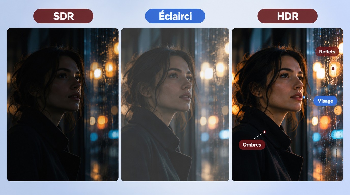 Comparaison du rendu SDR, de l'éclaircissement uniforme et du tone mapping HDR.