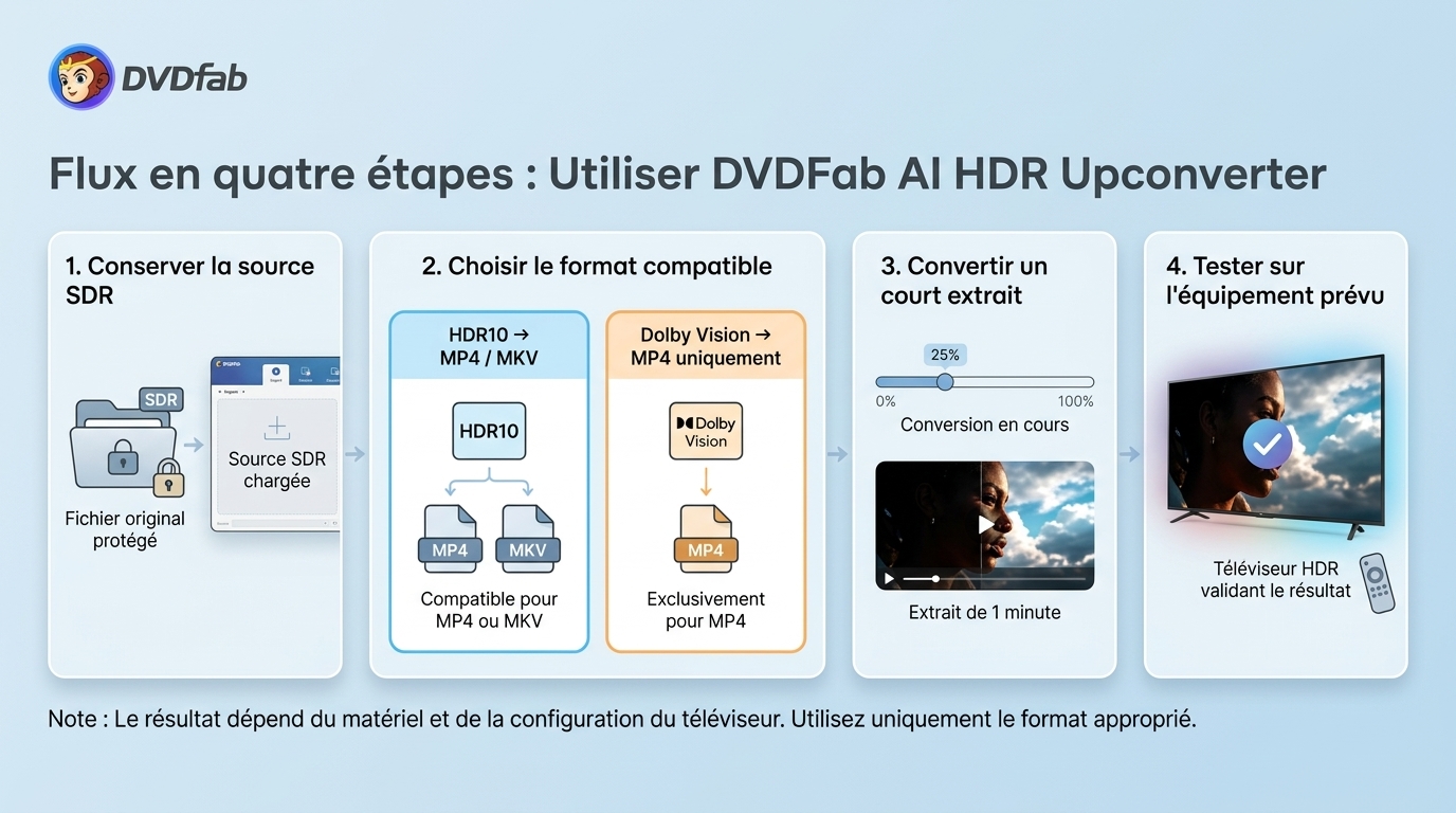 Les quatre étapes pour convertir un extrait SDR en HDR puis le valider sur le téléviseur.