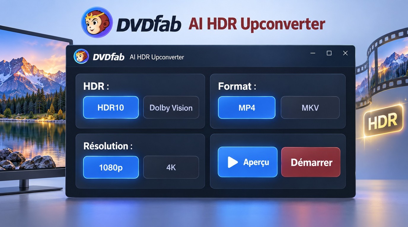 Réglages HDR10, Dolby Vision, MP4, MKV, 1080p et 4K dans DVDFab AI HDR Upconverter.