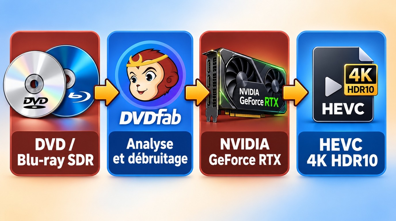Étapes de DVDFab, de la source DVD ou Blu-ray à la sortie 4K HDR10.
