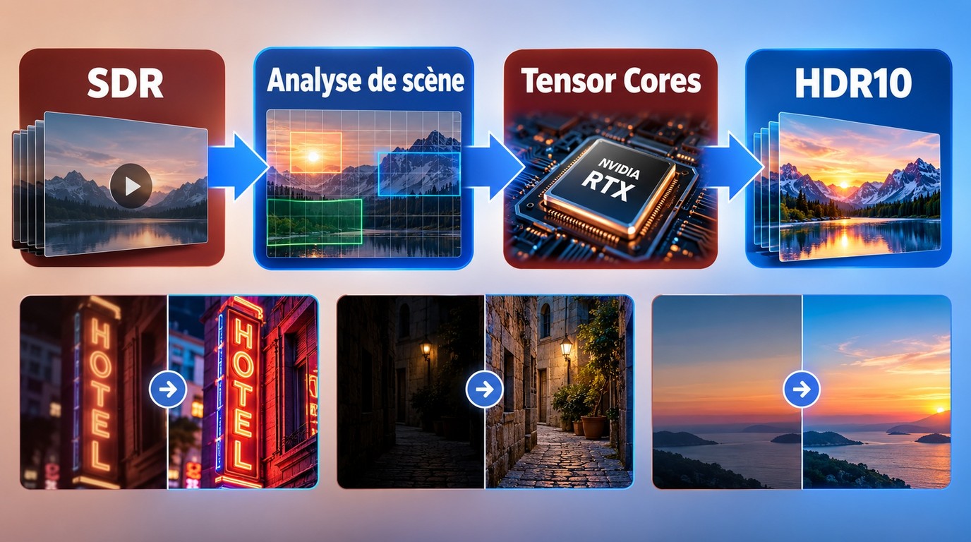 Pipeline RTX: analyse de scène, Tensor Cores et conversion SDR vers HDR10.