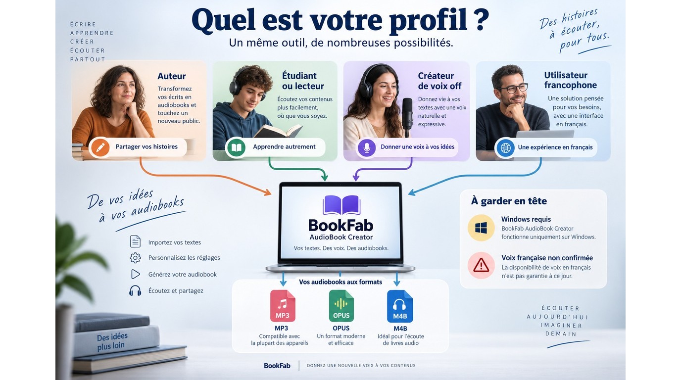 Choix de BookFab selon le profil, la langue et le format audio souhaité
