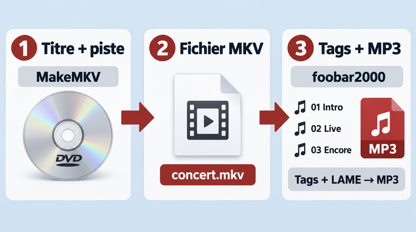 Flux MakeMKV et foobar2000 pour extraire, nommer et convertir des pistes DVD en MP3