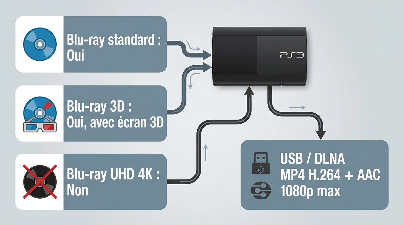 Compatibilite PS3 avec Blu-ray standard, 3D, UHD 4K et fichiers MP4 en 1080p.