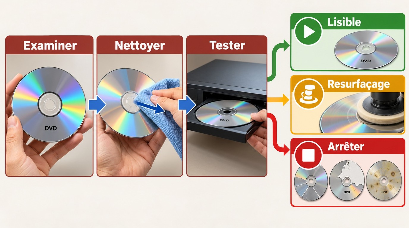 Parcours sûr pour un DVD: nettoyer, tester, resurfacer ou arrêter.
