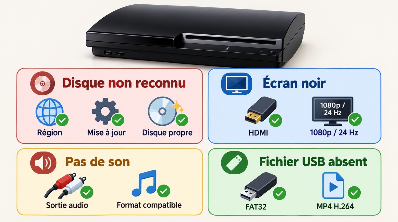 Diagnostic PS3 pour disque non reconnu, ecran noir, absence de son et fichier USB.