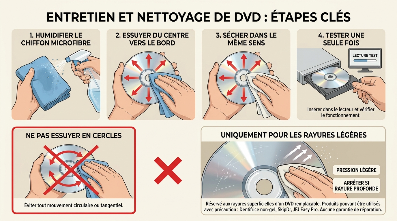 Nettoyage du DVD du centre vers le bord, puis traitement prudent des rayures légères.