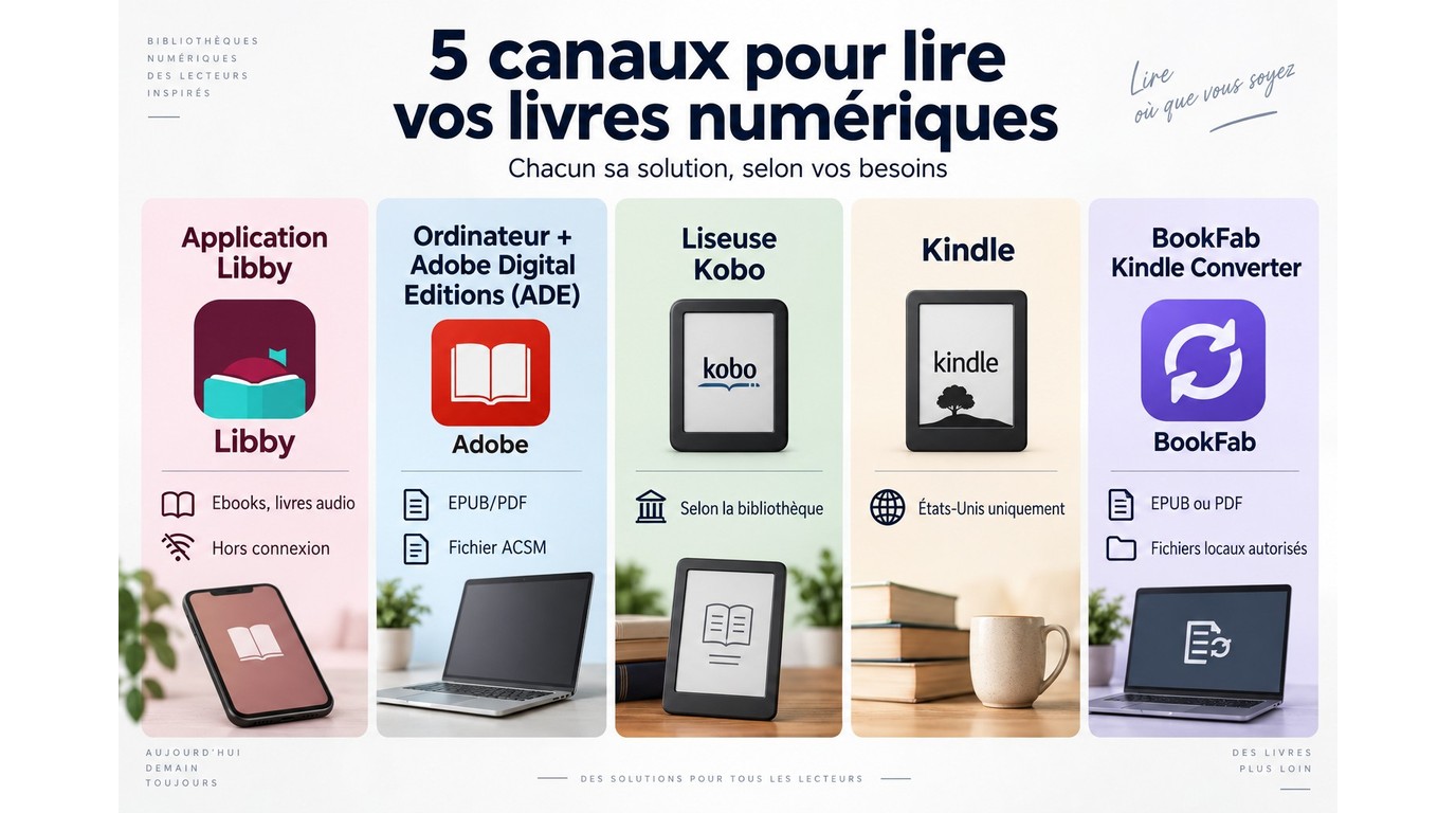 Comparaison des canaux Libby, ADE, Kobo, Kindle et BookFab hors connexion