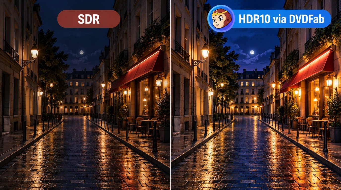 Comparaison SDR et HDR10 sur les ombres, les hautes lumières et les dégradés.